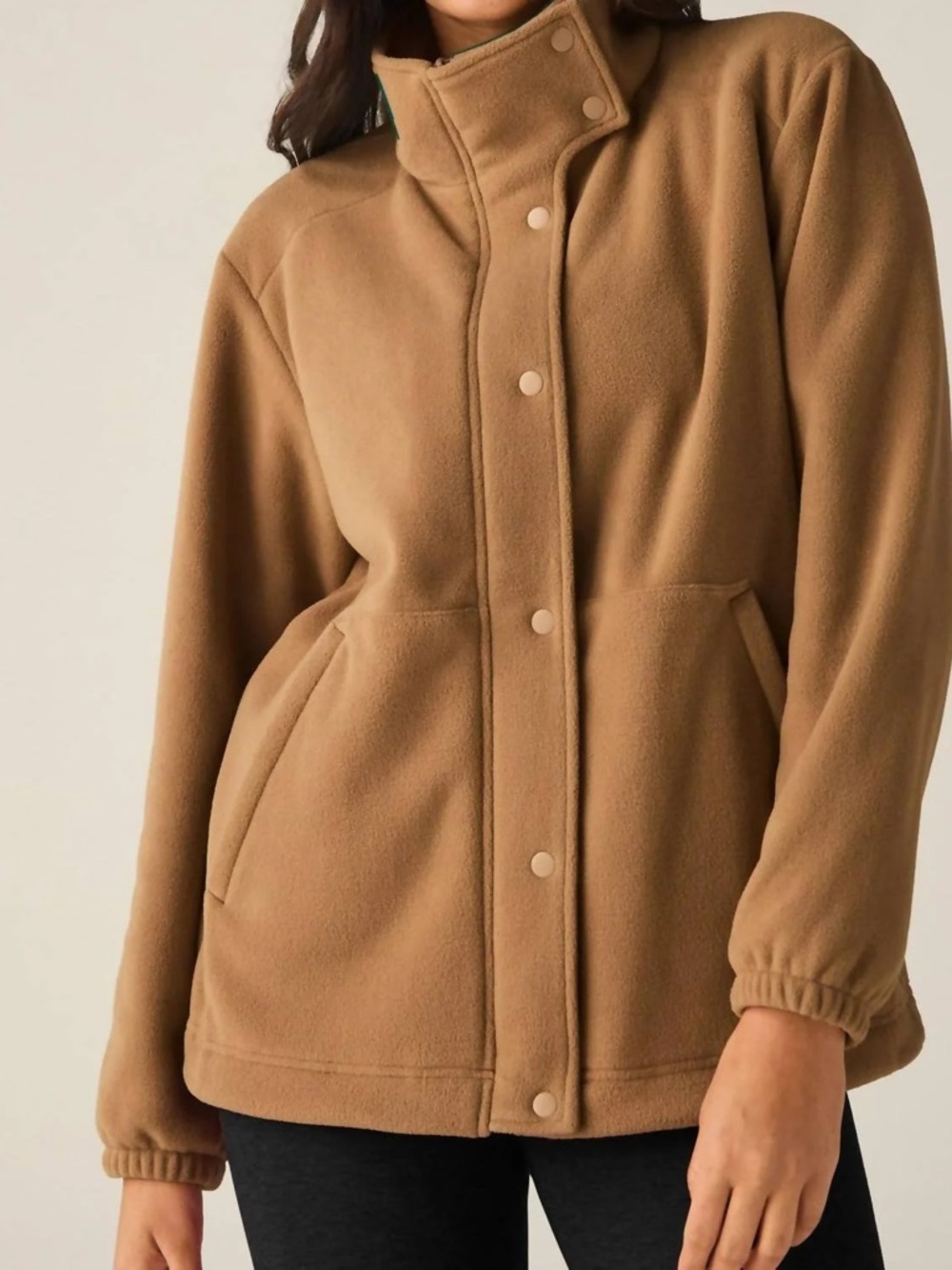 Beyond Yoga Urban Explorer Jacket Tan Flrece Zip Up Snap Button Womens Size M